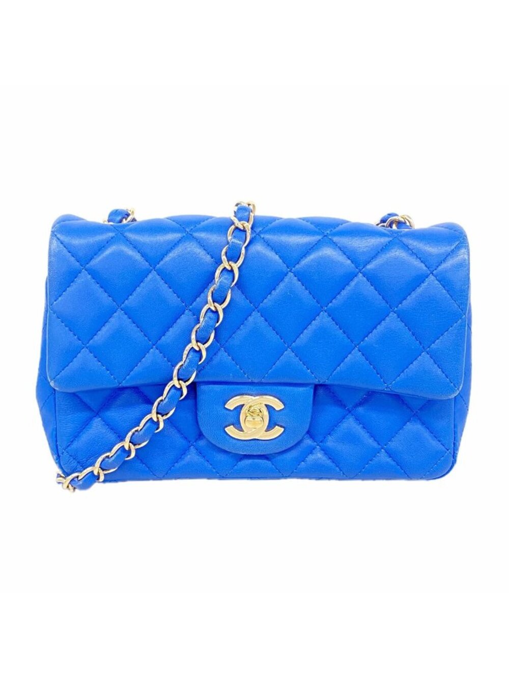 Chanel Shoulder Bag Mini Quilted Lambskin Blue Gold